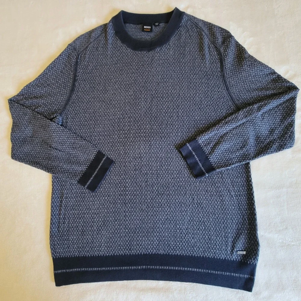 Hugo Boss Kanadrin Sweater Mens XXL Grey Blue Micro Pattern Crew Neck Wool Blend